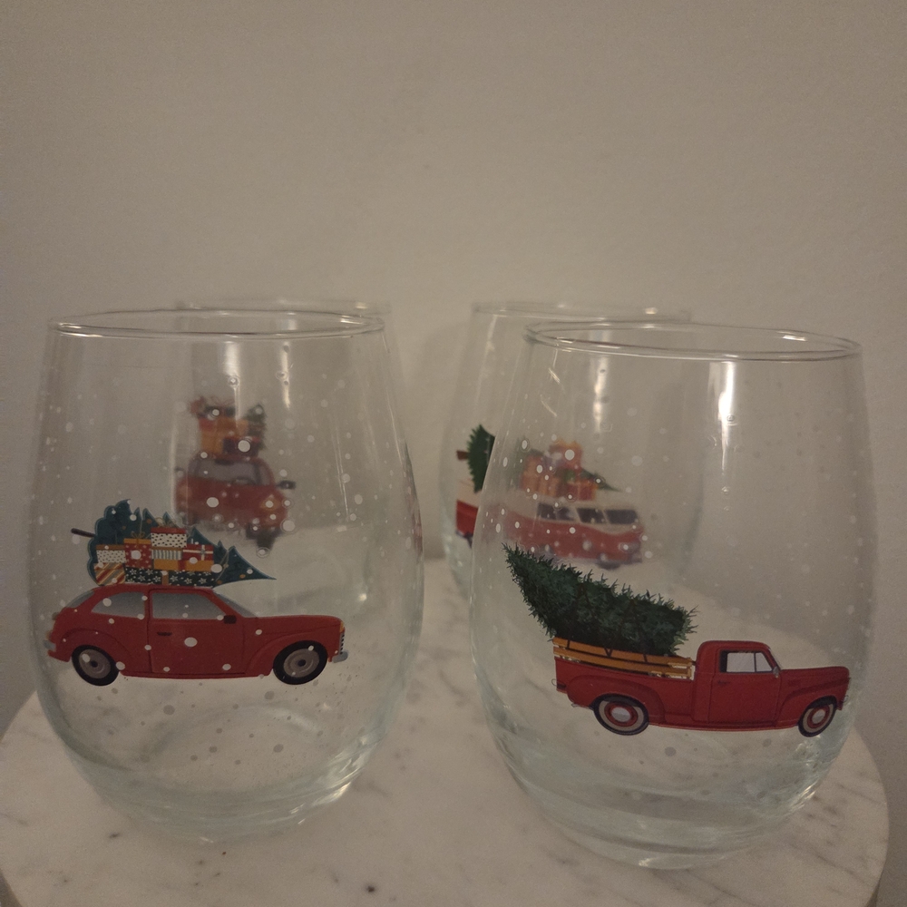 Holiday Red Truck Stemless Wine Glasses